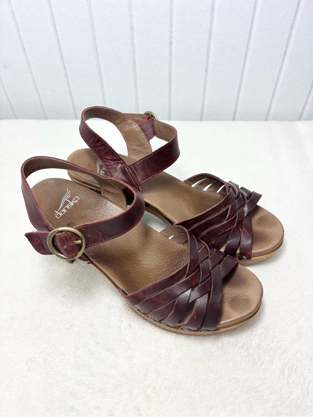 Dansko Women's Burgundy Leather Woven Ankle-Strap Sandals Size 41
